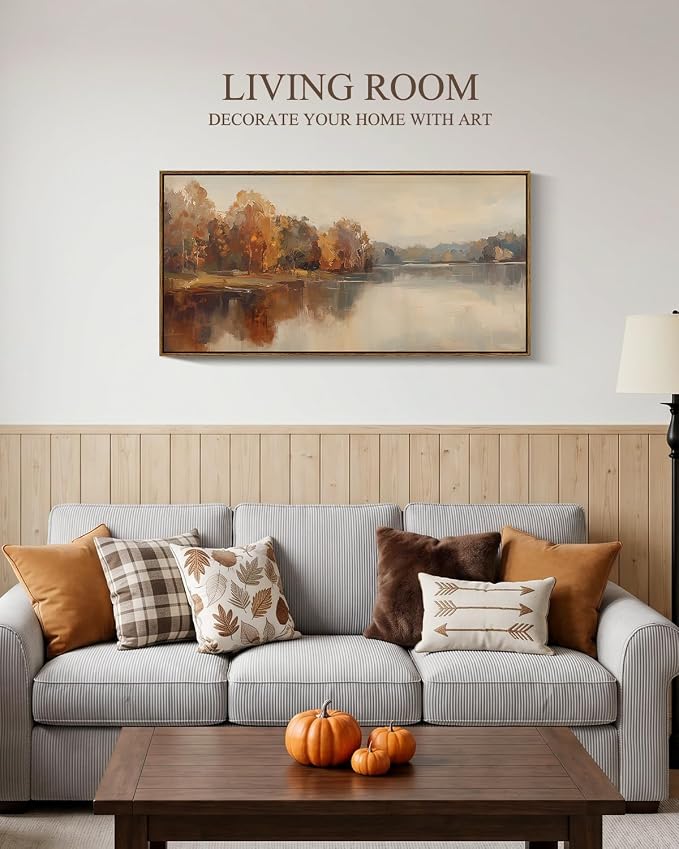 InSimSea Extra Large Framed Vintage Fall Wall Art, Living Room Country Farmhouse Decor, Autumn Lake Landscape Canvas Prints, Retro Scenery Long Pictures for Bedroom Above of Bed, 20x40inch
