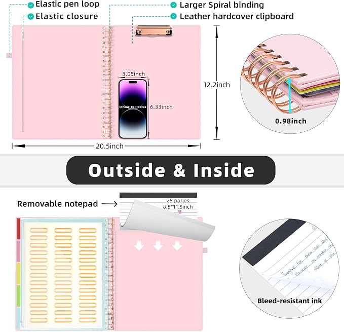 Ospelelf Leather Clipboard Folio with Notepad for Letter Size, Spiral Clipboard Folder with Storage Zipper Pouch, 5 Folders with 10 Pockets, 39 Divider Label Stickers, Pen Loop Series (Pink)