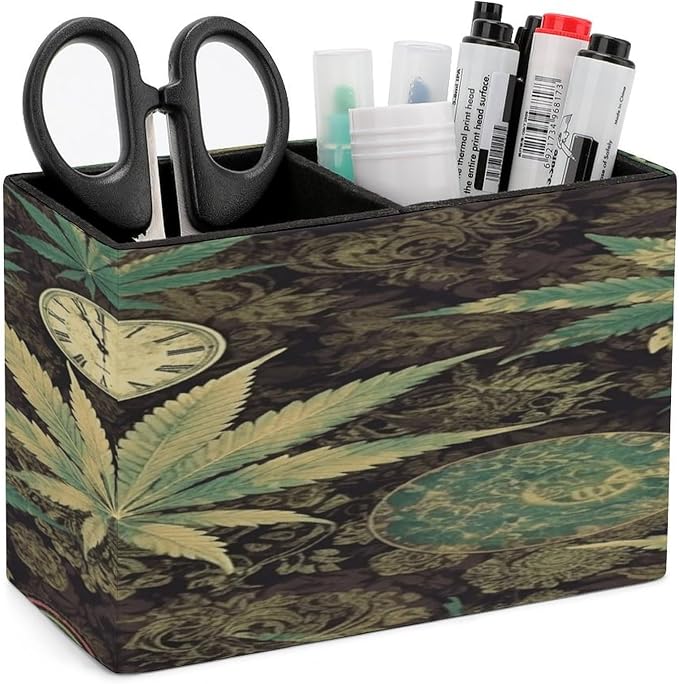 A Puff in Time Weed Marijuana Leather Pen Holder Exquisite Leather Pen Cup Pen Container Multifunctional Desktop Storage Box Round Pencil Cup Organizer for Office Home Desk Decor