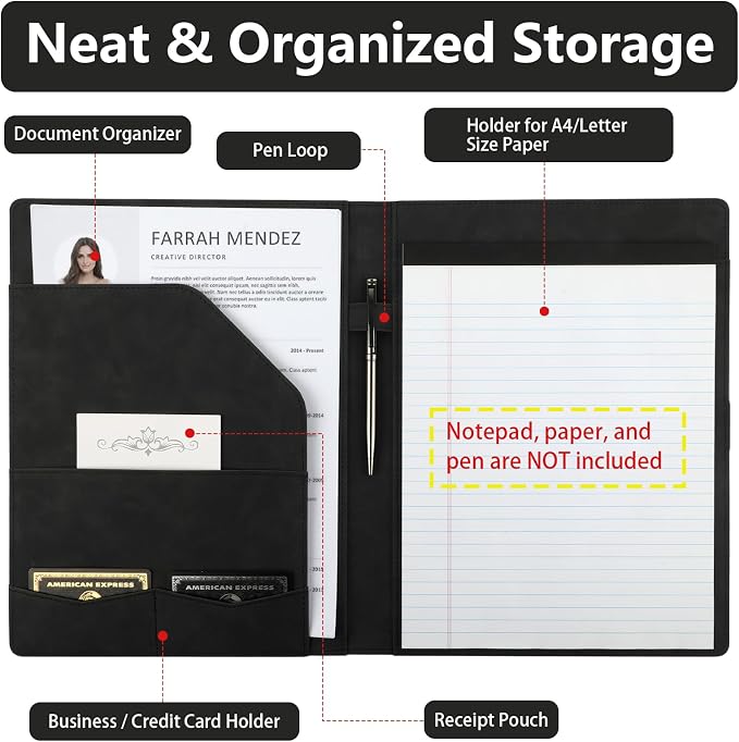 Professional Padfolio Portfolio Binder, Textured Embossing Faux Leather Folder Organizer for Letter Size Legal Pad Notepad Resume, Card Holder for Women Men Business Office Conference (Black)