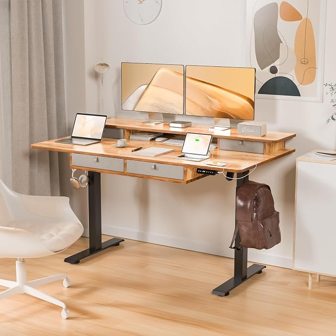 Electric Standing Desk with 4 Drawers, 63 * 30 Inches Extra Large Desktop, Electric Desk Adjustable Height with Storage, Home Office Workstation (Light Rustic Brown)