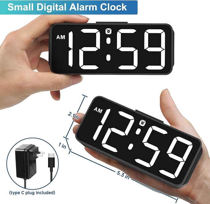 Peakeep Small Compact Digital Alarm Clock Plug-in for Bedrooms Bedside | Battery Backup Electric Clock, Large Big Numbers Display for Desk Table Small Spaces, 6 Dimmers, 5 Adjustable Alarm Volume