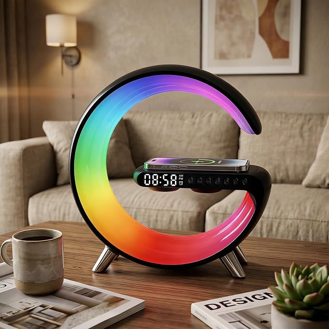 Smart LED Table Lamp for Bedroom with Wireless Charging Bluetooth Speaker, App Controlled Night Light for Kids, Christmas Birthday Gifts for Teens Adults Desk Office Bedroom Decor (Black