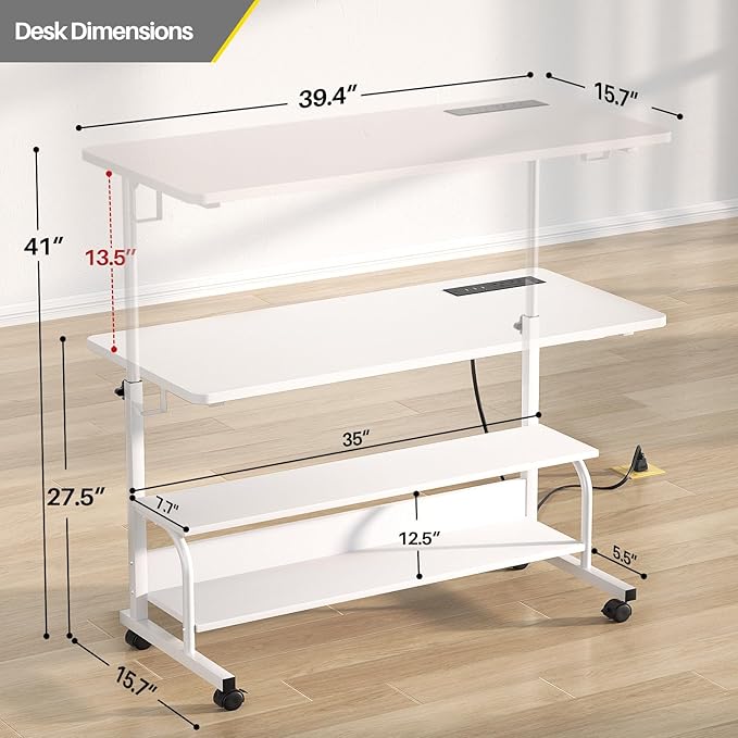 Armocity Rolling Standing Desk with Charging Station, Portable Height Adjustable Mobile Computer Desk with Wheels & 2-Tier Shelves & Hooks, Easy Assembly Laptop Table for Couch Bed, 39" White