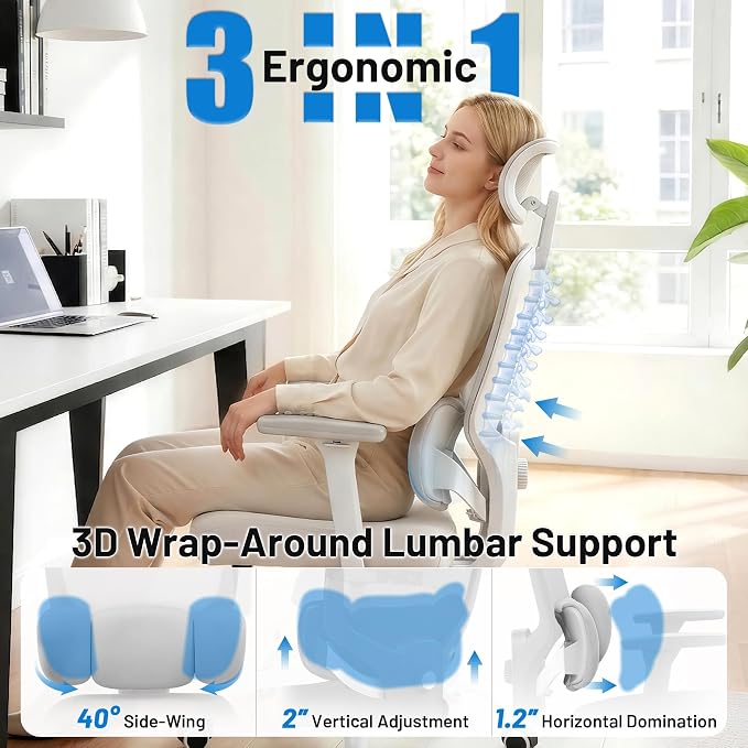 Ergonomic Office Desk Chair, High Back Breathable Mesh Computer Chair, 3D Lumbar Support, 2D Headrest & 3D Armrests, 300lbs Heavy Duty Task Chair for Home Office Work Gaming, Gray