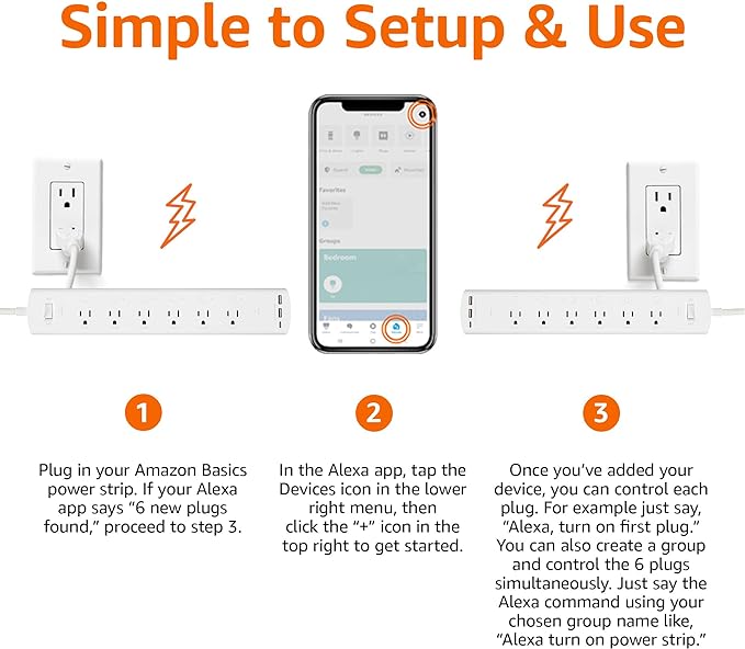 Amazon Basics Smart Plug Power Strip with 6 Individually Controlled Outlets and 3 USB Ports (2 USB-A and 1 USB-C), WiFi, Works with Alexa Only, 2.4 GHz, No Hub Required, White