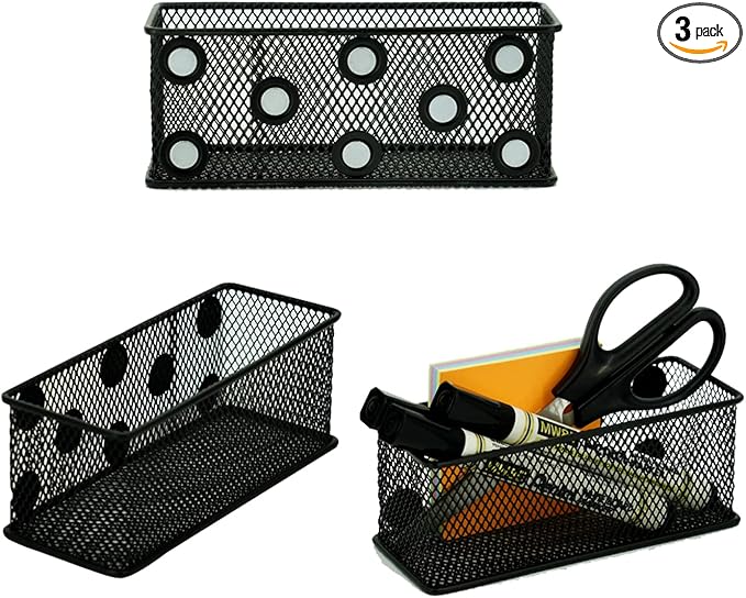 Neudeco Magnetic Locker Organizer and Accessories, Wire Mesh Magnetic Storage Basket, Magnetic Holder for Dry Erase Markers, Strong Magnet Pen Holder for Fridge School, Pack of 3, Black