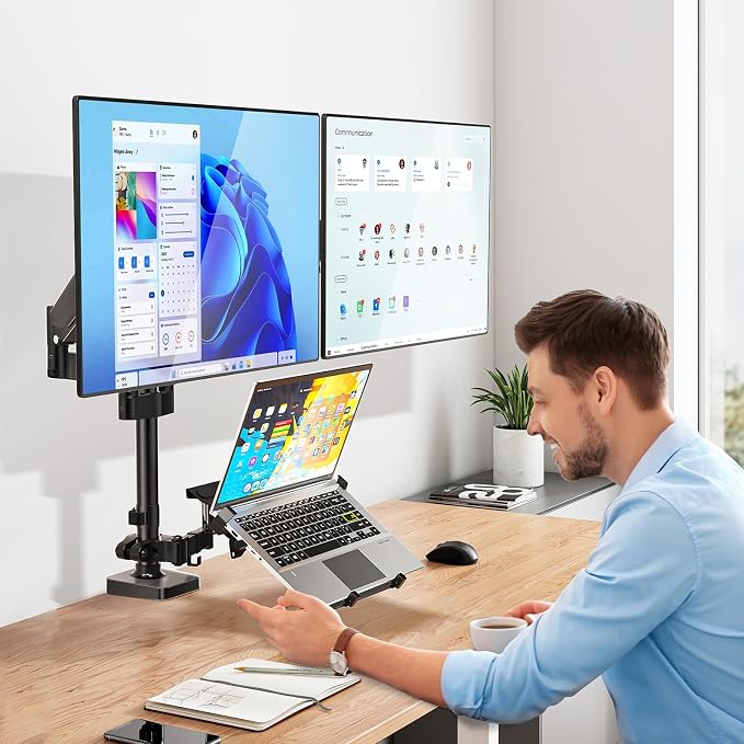 WALI Triple Arm Laptop and Dual Monitor Desk Mount for 17" Notebook and Up to 32" Screens, Adjustable Monitor Arms with Tilt Swivel Rotation, VESA 75x75 100x100, Black (GSDM003LP)