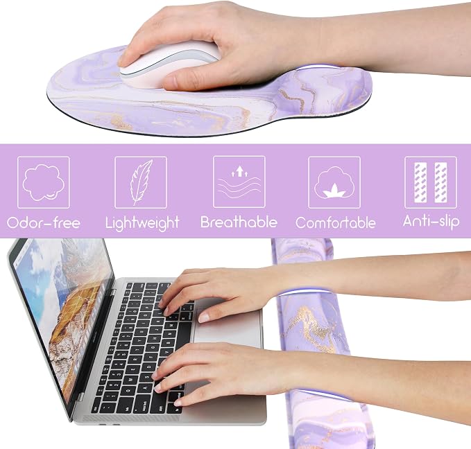 Ergonomic Mouse Pad with Wrist Rest and Keyboard Wrist Rest, Memory Foam Wrist Rest for Computer Keyboard, Easy Typing, Pain Relief, Mouse Pad Wrist Support for Gaming,Office, Laptop, Purple Marble