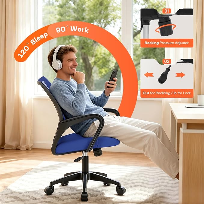 BestOffice | Ergonomic Office Chair | Mid-Back Swivel Desk Chair | Breathable Backrest & Lumbar Support | Adjustable Height | Sponge Seat | Rolling Wheels | Blue | for Adults & Women