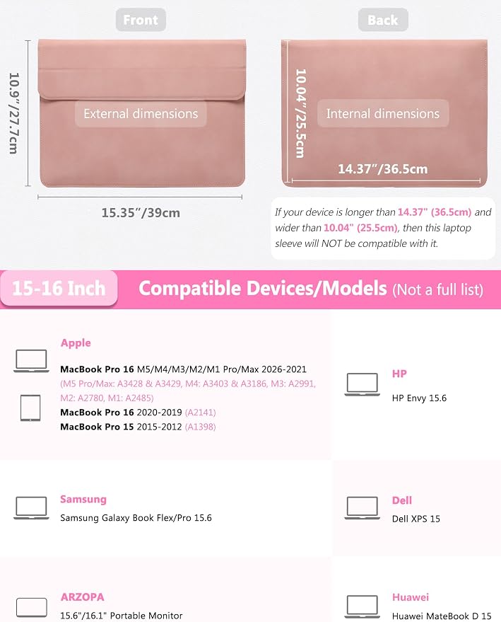 HYZUO 15-16 Inch Laptop Case Bag Sleeve with Stand Feature for MacBook Pro 16 M5/M4/M3/M2/M1 Pro/Max 2026-2019, XPS 15, MacBook Pro 15 2015-2012, Samsung Galaxy Book Flex 15, Pink