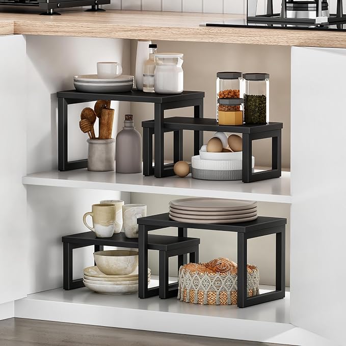HOOBRO Cabinet Organizer Shelf, Set of 4 Kitchen Counter Shelves, Expandable Kitchen Storage, Stackable Spice Rack, for Kitchen, Countertop, Office Desk, Living Room, Black BK20TLP201