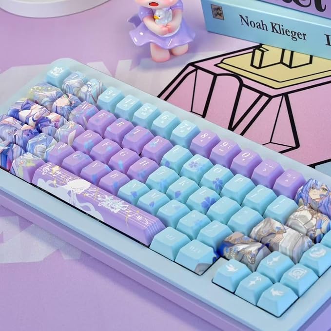 Japanese Anime Keycaps, Cherry Profile PBT Keycap 130 Keys, Blue and Purple Custom Key Cap Dye-Sub Manga Key Caps Set for 60% 65% 75% 100% Gateron Mechanical Keyboard