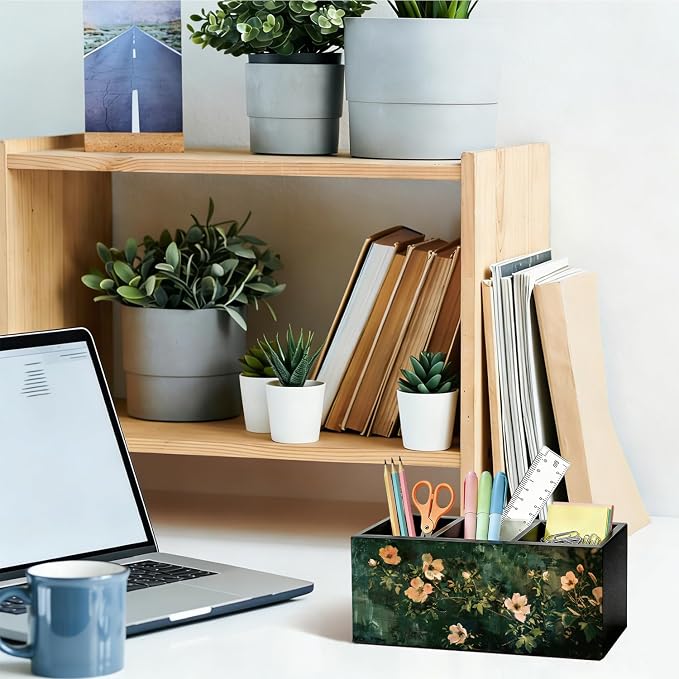 Dark Green Floral Pen Pencil Holder for Desk, Moody Cottagecore Botanical Flower Wooden Box Sign Organizer for Home Room Office Bedroom Desk Accessories Tabletop Decorations