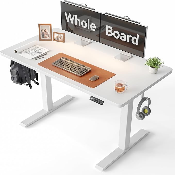 CubiCubi 48 x 24 Large One-Piece Standing Desk, Adjustable Height Electric Computer Home Office Sit Stand up Workstation, with 4 Memory Presets, Headphone Hook, White
