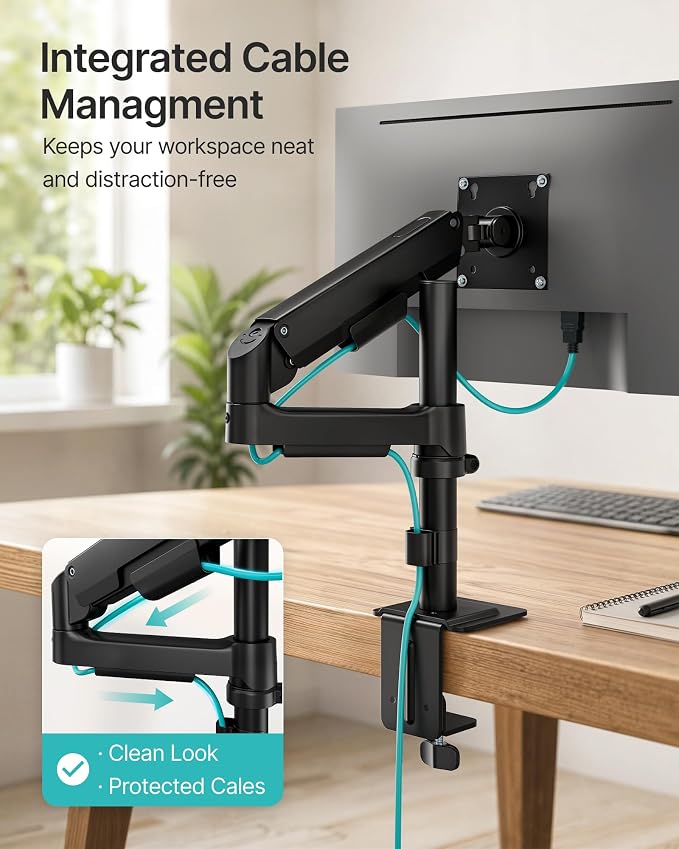Single Monitor Arm for 17-32 Inch Screens, Holds up to19.8 lbs | Desk Monitor Mount with Clamp and Grommet Base,Gas Spring Monitor Stand,Full Motion Monitor Arms for Home Office