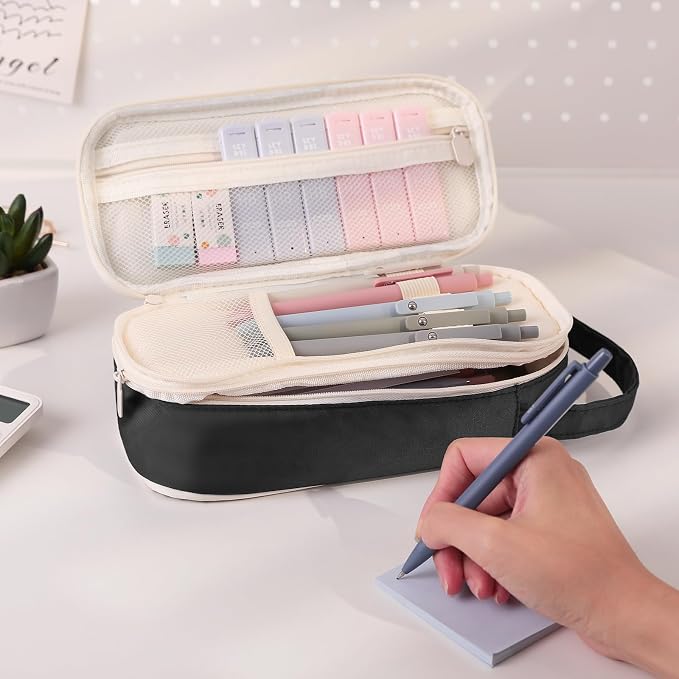 SKYDUE Aesthetic School Supplies Kit, 38 PCS Stationery Set with Large Pencil Case, Pens, Mechanical Pencil Set, Highlighters, Sticky Notes & Refills for Students, College & Back to School Black