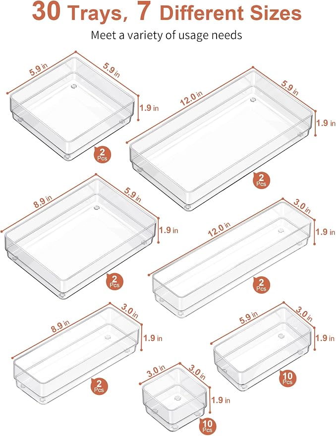 SMARTAKE 30-Piece Drawer Organizer with Non-Slip Silicone Pads, 7-Size | Desk Drawer Organizer Trays Storage Tray for Makeup, Jewelries, Utensils in Bedroom Dresser, Office and Kitchen (Clear)
