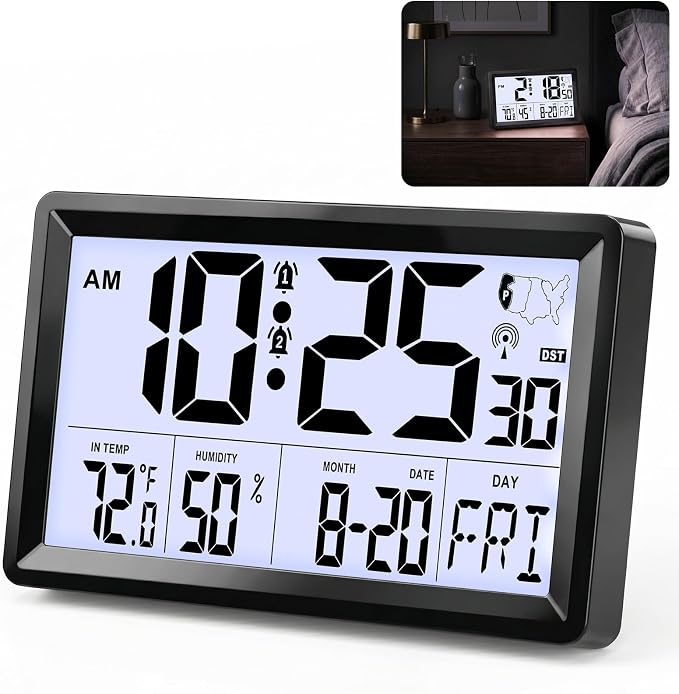 Atomic Clock Alarm Clock with Backlight, 8.7″ Battery Powered Clock Auto DST Self-Setting, Digital Wall Clock with Indoor Temperature Humidity, Snooze for Bedroom Office