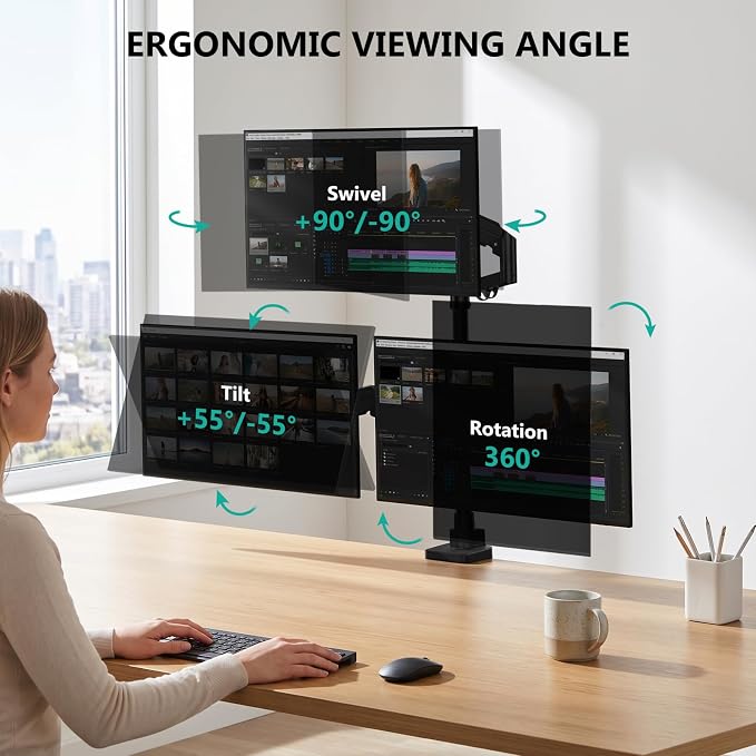 WALI Stacked Triple Monitor Mount for 49" UItrawides and Dual 34" Monitors | Heavy Duty 3 Monitor Arm up to 33 lbs, Full Motion with Tilt, Swivel, Rotation, C-Clamp & Grommet Base, VESA 75/100mm, Black