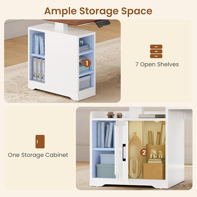 SEDETA Farmhouse L Shaped Electric Standing Desk, 63" x 67" Height Adjustable Home Office Executive Desk with Drawers, Standing Computer Desks with Power Outlet for Home Office, White+Brown