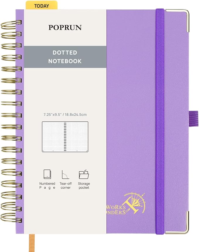 POPRUN Spiral Dotted Journal Notebook, B5-7-1/4" x 9-1/2" - 120 GSM Thick Paper, 220 Numbered Pages, Hardcover for Men & Women with Pocket, Index Tabs, 8 Perforated Sheets, Violet