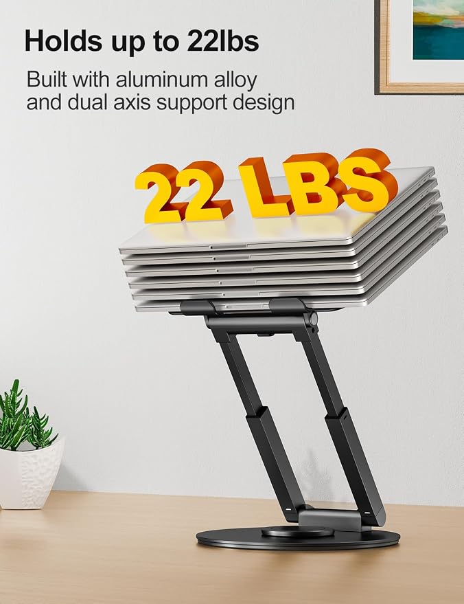 tounee Telescopic Laptop Stand for Desk with 360° Swivel Base, Sit to Stand, Height Adjustable, Portable Riser Holder for Good Posture, Compatible with MacBook Pro, All Laptops 10-17" - Black