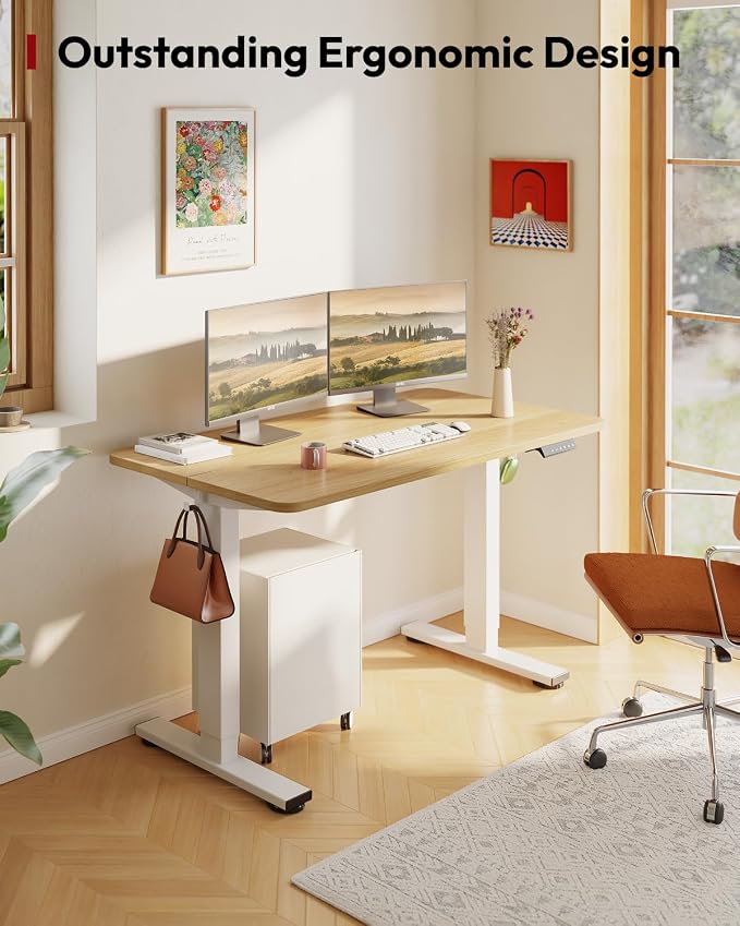 SANODESK Height Adjustable Electric Standing Desk 48x24 Inches, Sit Stand Desk with Splice Board for Home Office, Ergonomic Computer Workstation, Study & Gaming, White Frame/Maple Top