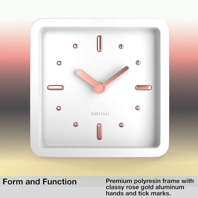 Driini Modern Mid Century Desk & Shelf Clock (White Rose Gold) - Battery Operated with Silent, Analog Movement – Small Tabletop Clocks for Office – Perfect for Mantle, End Table, Desktop or Nightstand