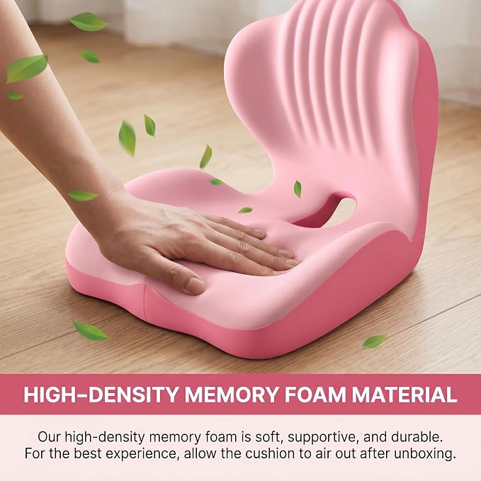 Ergonomic Lumbar & Seat Support Cushion, 2-in-1 Memory Foam Cushion with Coccyx Hollow Design for Office Chair, Car Seat, Home Use - Relieves Back & Hip Pain (Pink)