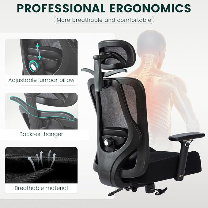 Heavy Duty Ergonomic Office Chair, 500lbs Capacity, Mesh Back, Aluminum Alloy Frame, Modern Style, Black