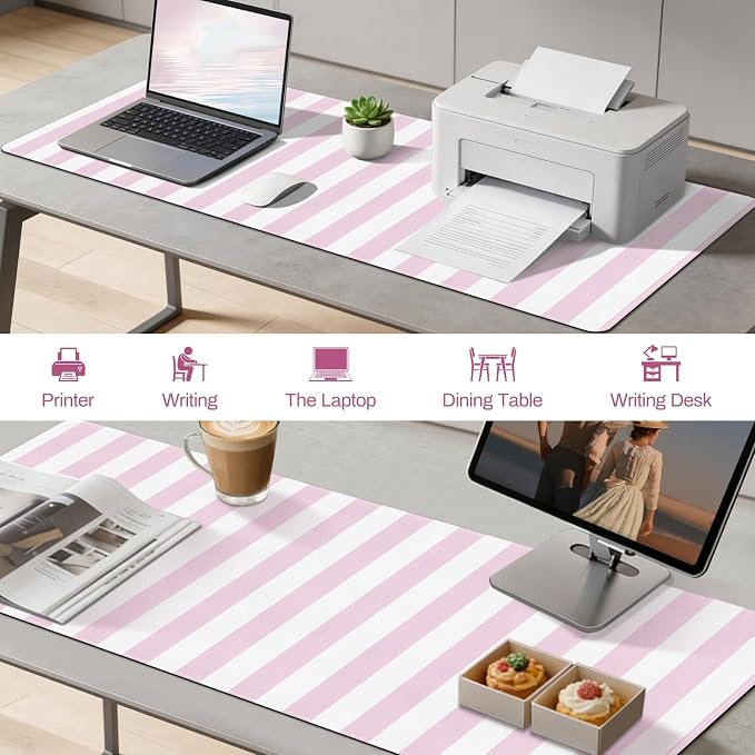 Pink Striped Desk Mat Cute Large Mouse Pad Kawaii Extended PU Leather Mat for Home Office Desk Decor for Women Cozy Gaming Keyboard Pad 35.4 X 15.7inch