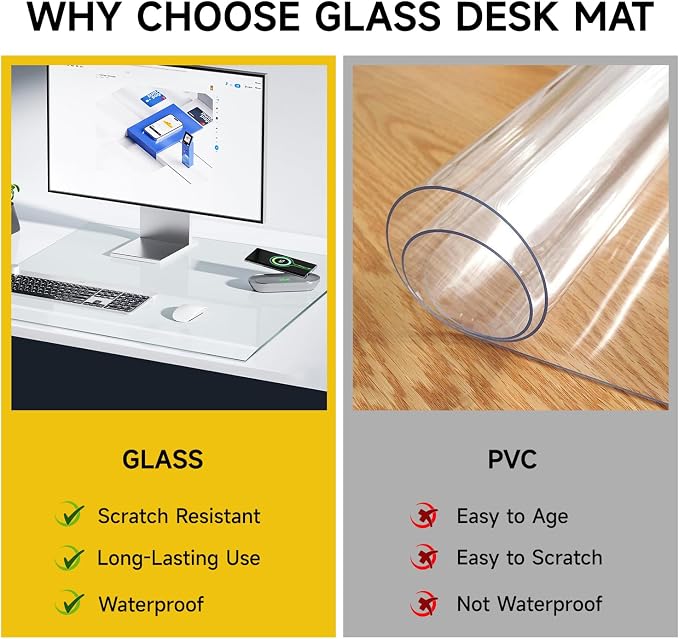 VASUHOME 24" x 18" Premium Tempered Glass Desk Mat with Beveled Edge - Ergonomic Desk Protector, Crystal Clear, Dry Erase Surface, Ideal Table Top Protector for Home & Office