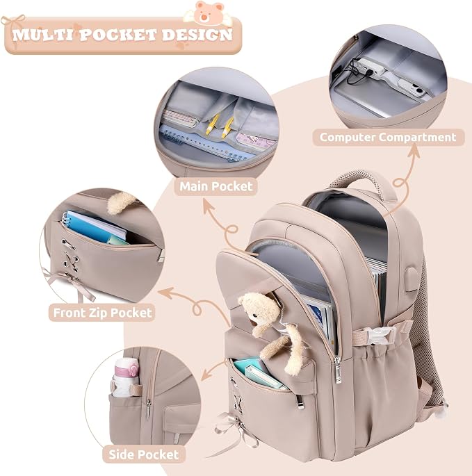 ACESAK Backpack for Girls with Bento Box - 4 PCS Cute Girls Backpack with Lunch Box, Pencil Case & Bento Box Set - 43oz Leakproof Lunch Box Kids Snack Containers Set Back to School Supplies (Khaki)