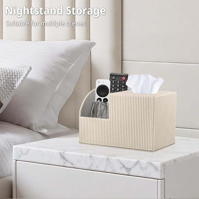 Square Tissue Box Cover with Storage, PU Leather Facial Cube Tissue Holder | TV Remote Control Holder, Desk Accessories Nightstand Organizer, Modern Table Caddy for Bathroom, Bedroom, Home, Office Decor
