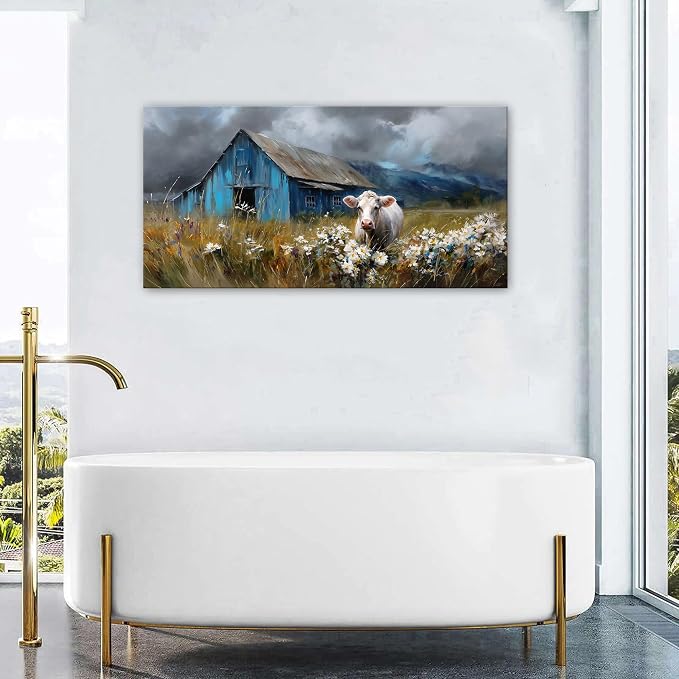 AIYISU Farmhouse Cow Wall Art Rustic Barn Landscape Pictures Wall Decor Blue Barn Wildflower Field Canvas Prints Country Farm Animal Artwork for Living Room Dining Room Bedroom Home Decoration 24x48