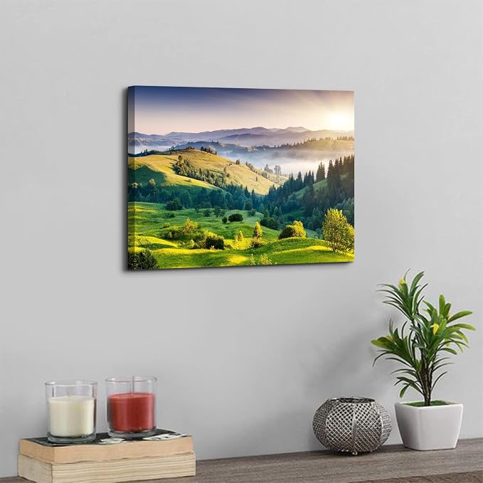 Green Mountain Wall Art Sunrise Nature National Park Landscape Canvas Prints Decor 12x16" Misty Forest Scenery Picture Painting Modern Artwork for Bedroom Living Room Bathroom Office Home Decoration