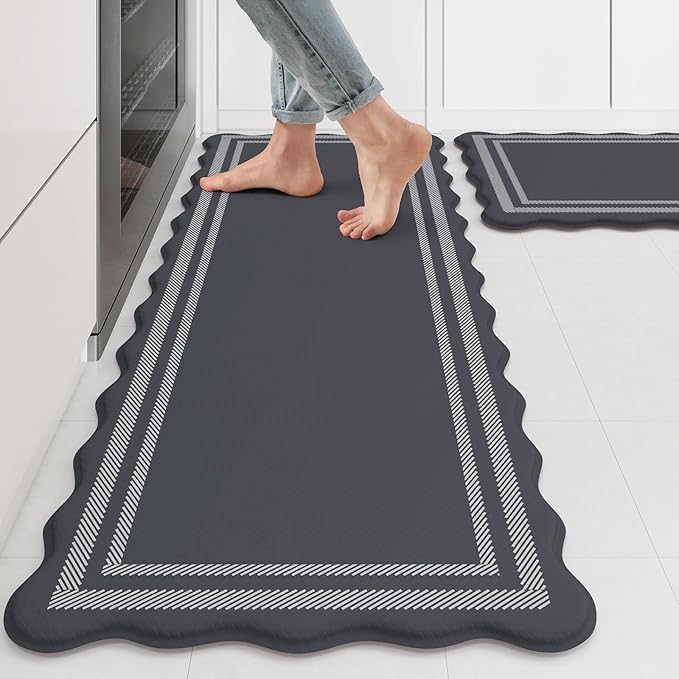 KIMODE Kitchen Mats Cushioned Anti Fatigue, Farmhouse Kitchen Rugs Sets of 2, Dark Grey Scalloped Rugs, Kitchen Floor Mat Non Slip, Comfort Standing Mat for Laundry Office Sink Desk 17"x47"+17"x29"