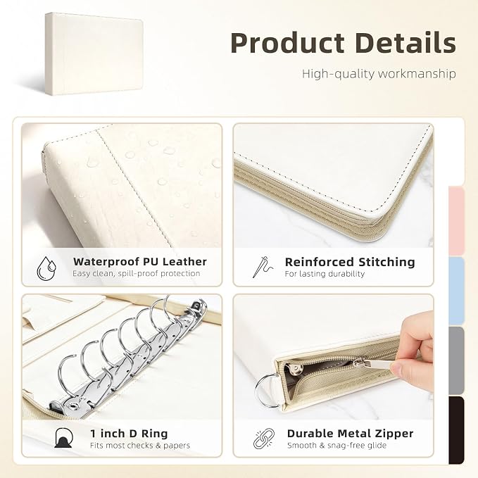 Ospelelf Beige Zippered 7 Ring Check Binder for Business Checks (9" x 13"), 1 Inch Faux Leather Checkbook Portfolio with Zipper Pouch, Professional Binder Organizer for Accountants, Home Use