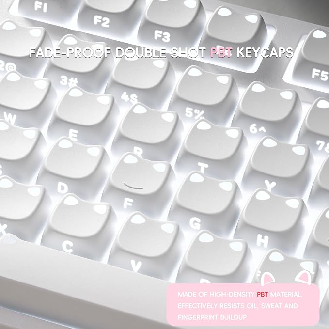 OHY XVX Lumicat Mao Profile Side-Printed Shine-Through PBT Keycaps, 113 Keys Double-Shot Dye-Sublimation Creamy White Keycap Set, Compatible with MX Switches Mechanical Keyboard