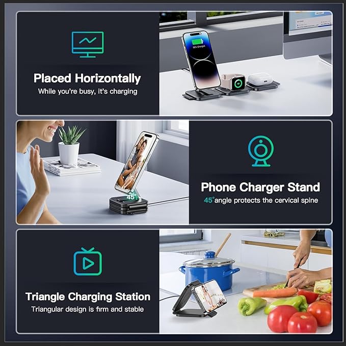 3 in 1 Charging Station for Apple Devices, Foldable Wireless Charging Station for iPhone 17/16/15/14/13/12, Apple Watch & AirPods with Magsafe Charger Stand, Travel Essentials Wireless Charger (Black)