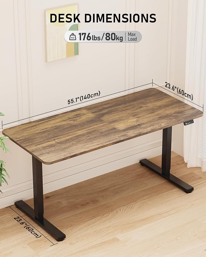 55" Electric Standing Desk Adjustable Height, Sit Stand up Desk for Home Office & Computer Workstation, 2 Memory Height Settings, Splice Board, 2 Hooks, Black Frame/Rustic Brown Top