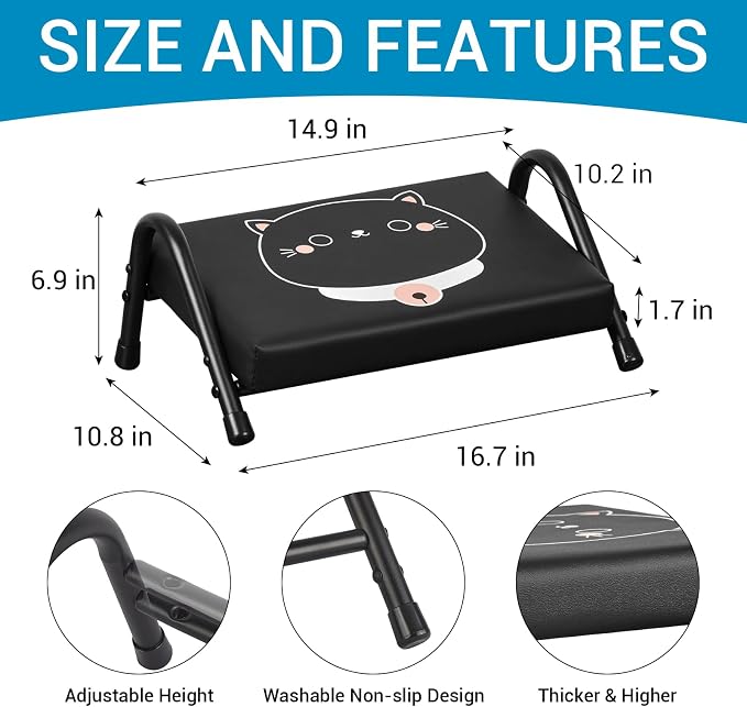 FUSLITE Foot Rest for Under Desk at Work,Ergonomic Foot Rest for Office Use, Adjustable Heights,Relieving Pain in Lower Back, Hip, Knee(Black with Kitten)