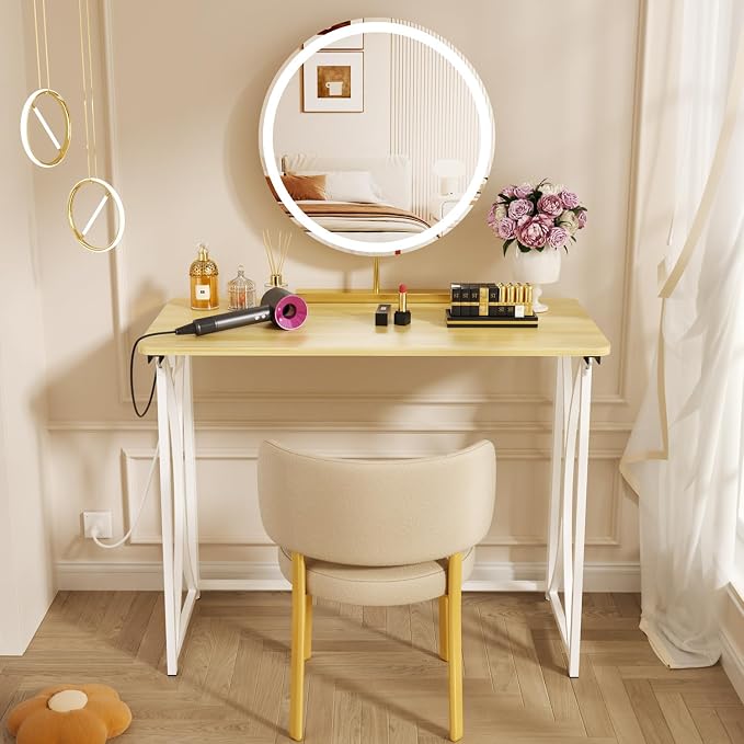 Mini Desk, 31.5" Small Desk for Bedroom with Power Outlet, Foldable Desks for Small Spaces & Home Office, Easy Assembly, Beige Floor Patten