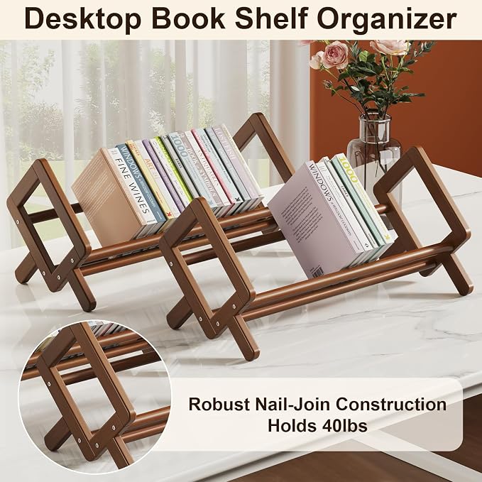 Premium Desktop Bookshelf, Bamboo Desk Bookshelf, Retro Brown Book Rack Shelf Organizer, Stable Bookshelves Storage, Tabletop Large Magazine Holder Racks for Magazines, Books, Files