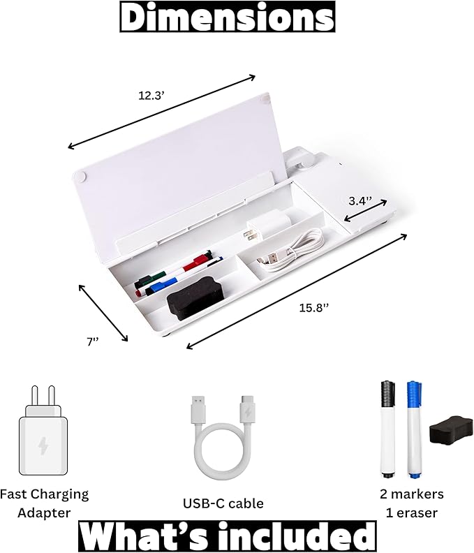 GAROOD Desktop Dry Erase Board with Storage Wireless Charger LED Lamp Desk White Board Desk Board Glass Board with Stand Home Office Organizer Phone Holder 15.8X7X2 inches