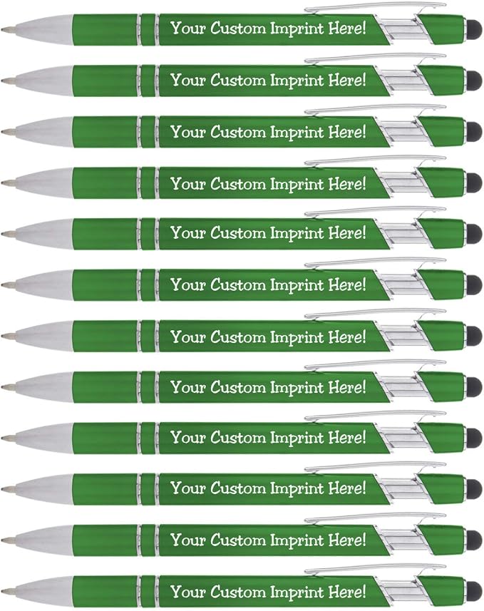 Express Pencils Modern Metallic Personalized Pens, Green, Ultra-Smooth Black Ink, Responsive Clip Action, Bright Finished Barrel, Capacitive Stylus Tip