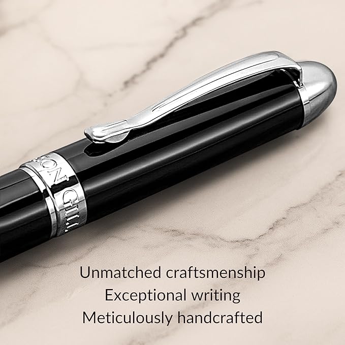 'The Boss' Black Luxury Executive Fountain Pen, Polished Lacquer, Chrome Accents, Stainless Steel Nib, Easy Refill Ink Piston Converter, Smudge Free, No Bleed, Fits Our Instant Insert Ink Cartridges