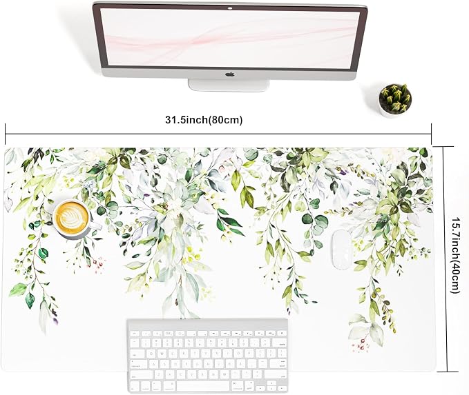 Colorful Star Large Mouse Pad, Green Leaves Waterproof Office Desk Mat, Non-Slip Gaming Mouse Pad, XXL PC Laptop Protector Pads, PU Leather Desk Writing Pads for Office Home, 31.5" x 15.7"