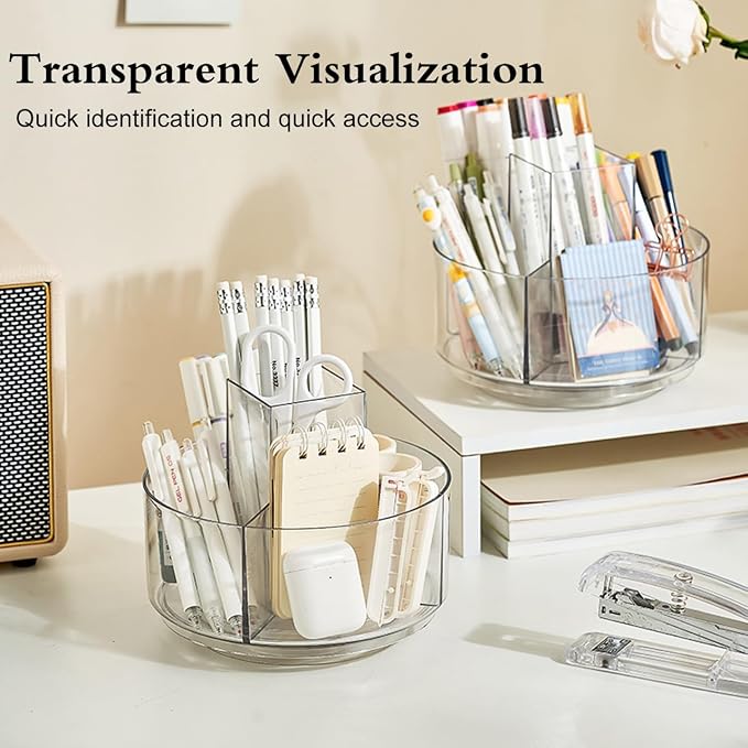 JIKIOU Acrylic Pen Holder, 360-Degree Rotating Pen Holder for Desk, Clear Desk Organizers and Accessories with 5 Compartments Pencil Organizer, Art Supply Storage Box Caddy for Office, Home
